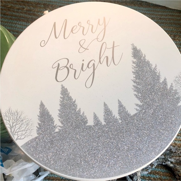 NEW! 🌲Wood White & Silver Lazy Susan “Merry & Bright” - Picture 1 of 6